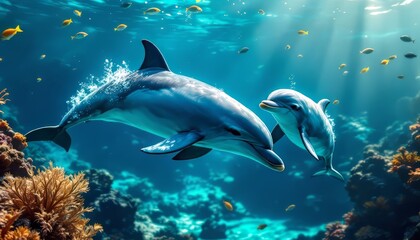 Fototapeta premium Oceanic Dolphins: A Serene Underwater Encounter