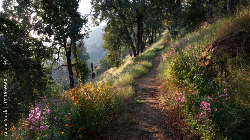 Poster serene trail through a wildflower meadow with light filtering through trees on a sunny day scenic pa