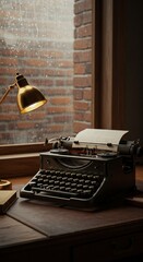 Vintage typewriter illuminated by a lamp on a rainy day. Serenity.