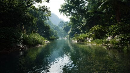 Obraz premium Tranquil river stream amidst lush green tropical rainforest jungle with sunlight reflecting off the water