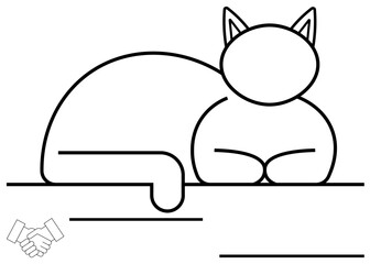 Abstract line art of a resting cat with rounded shapes and simple detailing, accompanied by a handshake icon. Ideal for topics on calmness, relaxation, partnership, pets, simplicity, trust