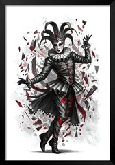 Fototapeta premium Enigmatic jester poised amidst fragmented reflections, embodying theatrical grace