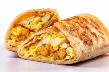 Delicious egg wraps filled with scrambled eggs and potatoes close up shot on bright white background food photography