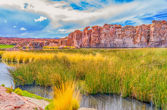 Altiplano, Bolivia, Landscape view of box canyon containing marshes and peatlands.