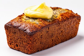 Delicious golden banana loaf topped with melting creamy butter on a white surface against neutral setting