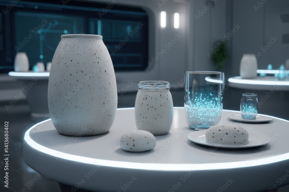 Poster minimalist composition of glass jar and vase on illuminated table artistic visual mood clean abstrac