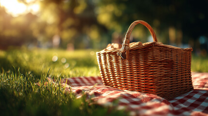 A picnic basket rests on a red checkered blanket in a sunlit park, evoking a peaceful and cozy outdoor atmosphere