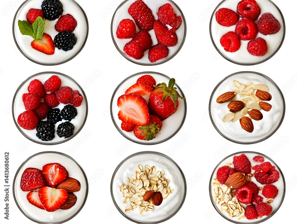 Poster overhead shot of yogurt with assorted berries and nuts on isolated background