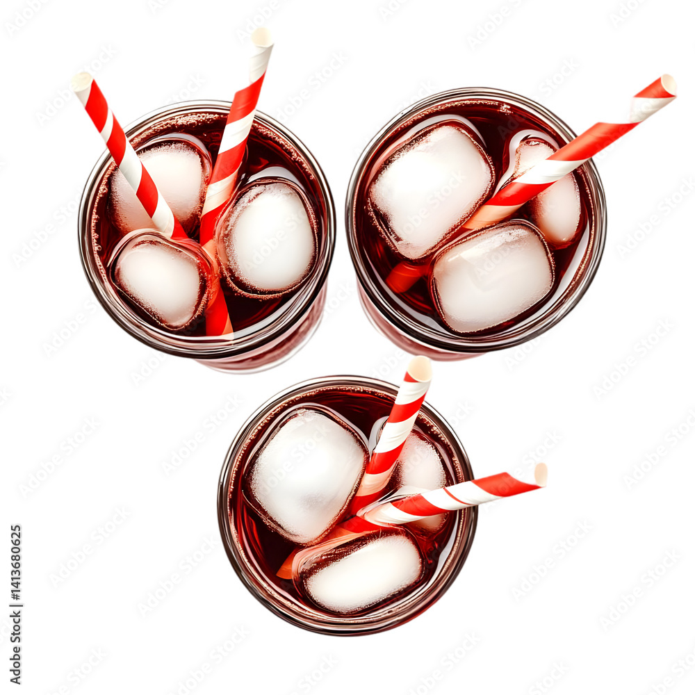 Poster overhead view of three refreshing drinks with ice and striped straws