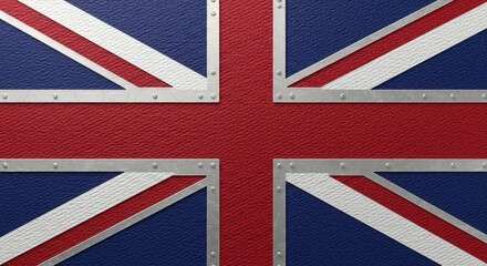 A Unique British Flag Design: Union Jack with Metal Frame and Leather Texture Background