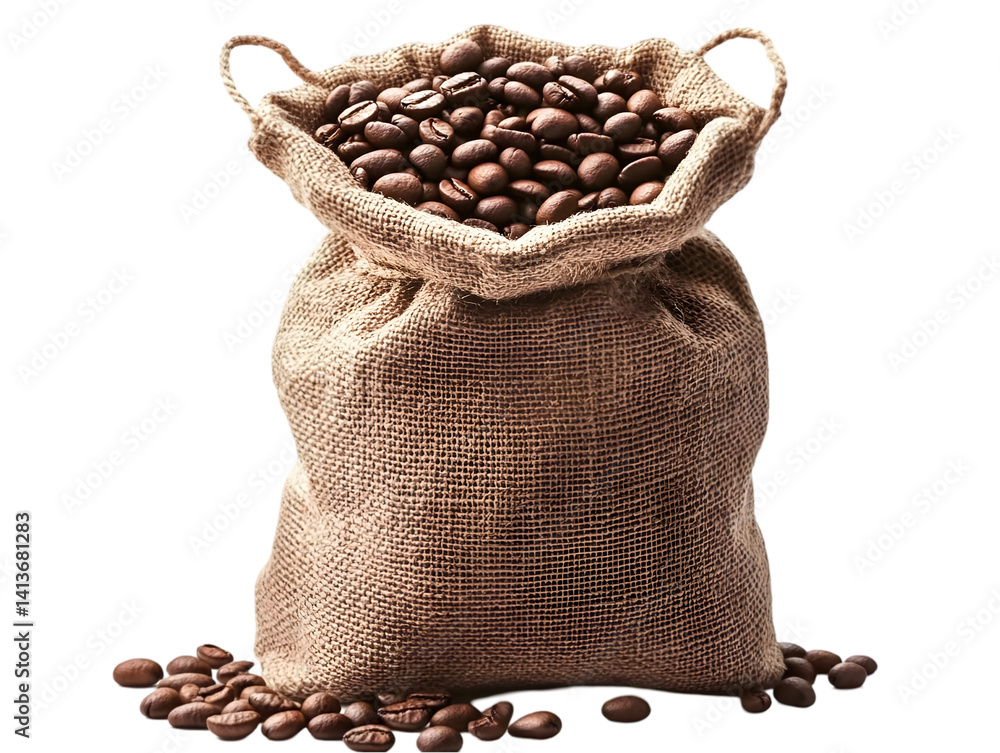 Poster photo of coffee beans overflowing from a burlap sack with transparent background