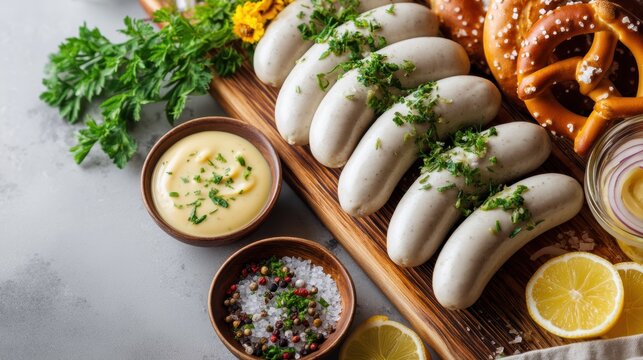 Delicious bavarian breakfast with white sausage pretzels sweet mustard lemon and parsley leaves