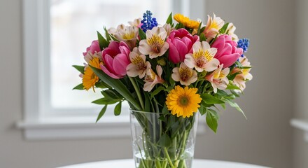 Obraz premium A bouquet of colorful flowers in a glass vase sitting on a white table.