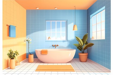 Fototapeta premium Modern Luxury Bathroom Design: Colorful Interior with Blue Walls and Orange Accents