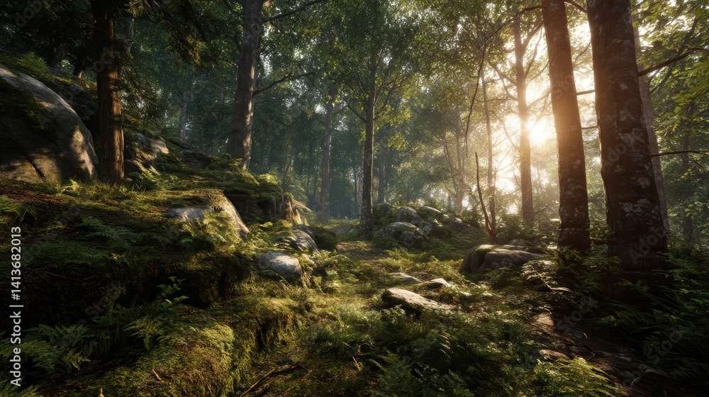 Poster Tranquil sunlight filtering through serene woodland foliage creating an inviting atmosphere with trees and moss
