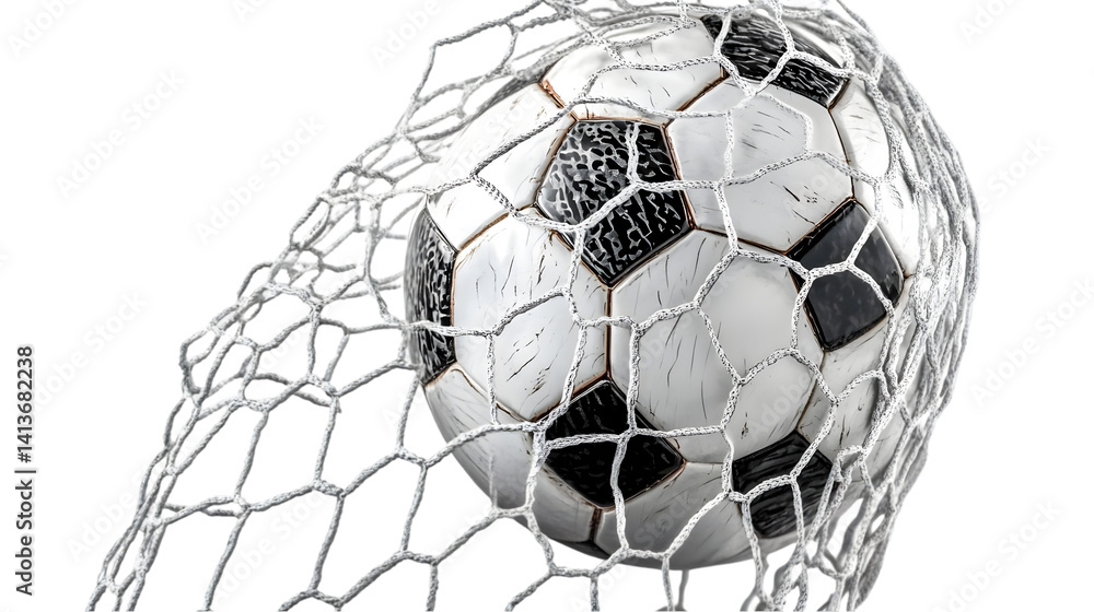 Poster photo of soccer ball in white net with transparent background realistic 3d illustration