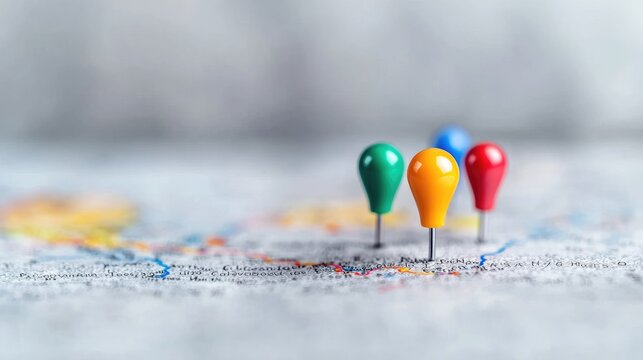 Colorful pushpins on a map travel planning and adventure