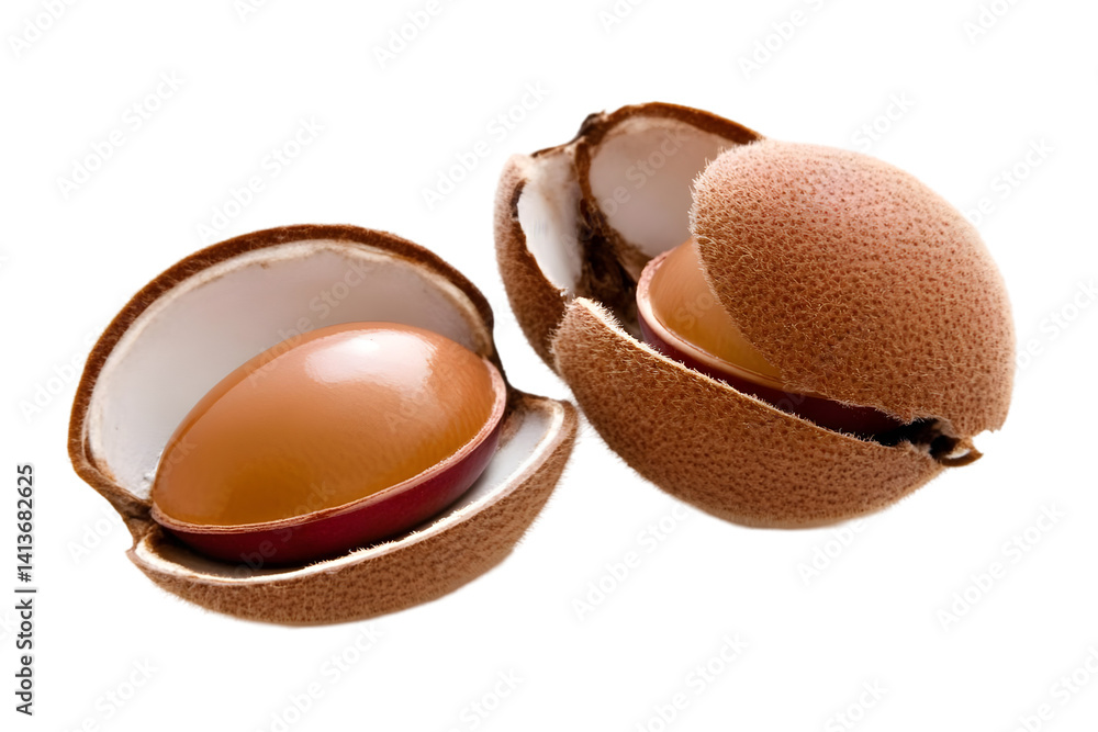 Poster photo of two argan nuts with open shells showing brown seeds on transparent background