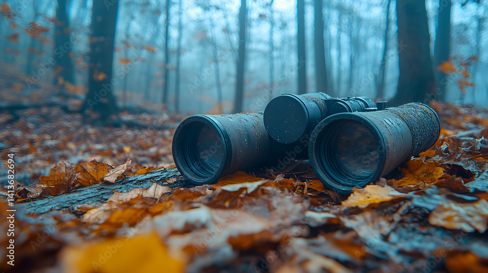Poster binoculars resting on fallen autumn leaves in a misty forest, creating a serene and mysterious atmos