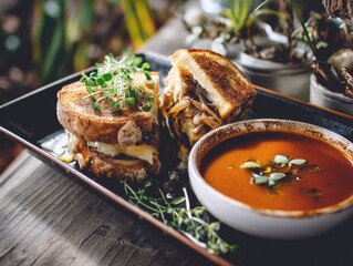Delicious grilled cheese sandwich paired with creamy tomato soup on wooden table offering culinary delight