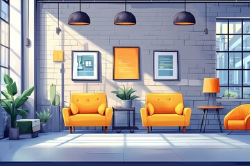 Modern Interior Design: Cozy Orange Sofa and Elegant Lighting in a Spacious Contemporary Living Room with Home Decor and Wall Art