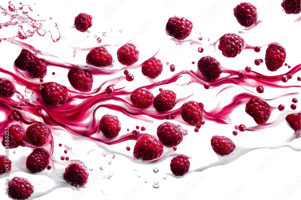 Poster photographic raspberries falling and splashing with liquid on transparent background