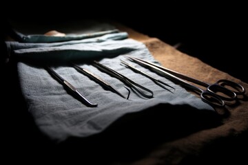 Precise surgical tools resting on sterile cloth dramatic lighting medical implements for a hospital operation theater