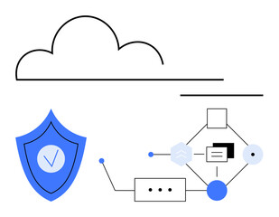 Cloud outline, shield with checkmark for security, and abstract workflow diagram with connecting nodes and lines. Ideal for technology, cybersecurity, cloud storage, networking, data privacy
