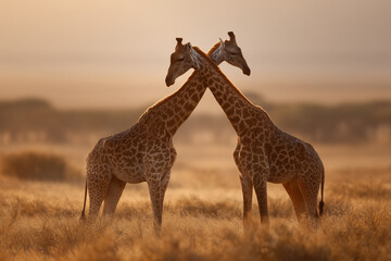 Obraz premium Two giraffes affectionately crossing necks in golden savanna at sunset, warm romantic wildlife moment, symbol of love and unity, perfect for safari, romance, or Valentine's Day themes