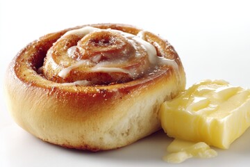 Delicious Cinnamon Roll with Cream Cheese Frosting and Butter a Warm Treat on White Background