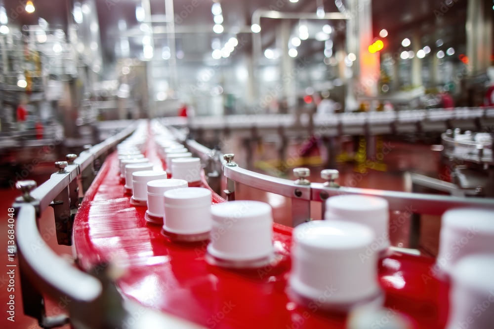 Poster automated efficiency bottles on red conveyor belt sleek modern factory production dynamic movement