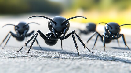 Three black ants marching in a row.