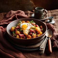 Hearty breakfast dish featuring fried egg potatoes corned beef hash in brown bowl with tea cup