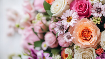 Bouquet of garden flowers with roses, daisies and ranunculus on a light background