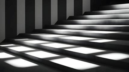 Dramatic black and white photo of a staircase bathed in sunlight, showcasing strong contrasts and shadows.  Perfect for design or architecture projects.