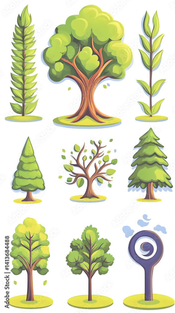 Poster pixel art tree collection isolated on transparent background illustration
