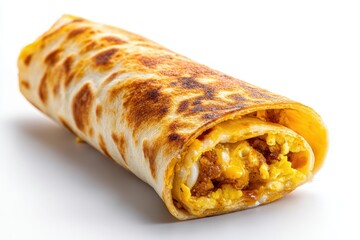 Delicious breakfast burrito with scrambled eggs spicy chorizo and melted cheese close up on white table