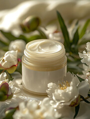 Cream jar mockup surrounded by fresh flowers and greenery in soft natural light