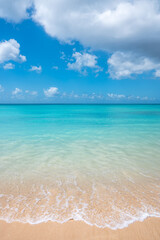 Peaceful Caribbean shoreline at beach, Bridgetown, Barbados, clear turquoise water wave meets soft sand under a vibrant blue sky, perfect serene tropical paradise seascape (February 2025)