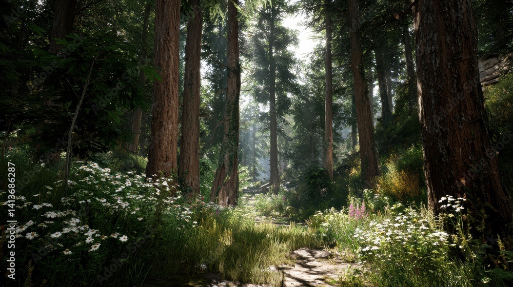 Aufkleber enchanting forest path with lush greenery and towering trees dappled sunlight filtered through the c