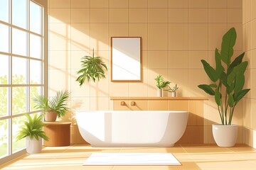Modern Bathroom Interior Design with Plants: A Tranquil, Minimalist Sanctuary for Relaxation and Wellness in a Sunny, Nature-Inspired Home Decor Setting