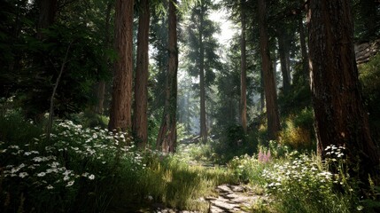 Obraz premium Enchanting Forest Path with Lush Greenery and Towering Trees Dappled Sunlight Filtered Through the Canopy Serene Landscape