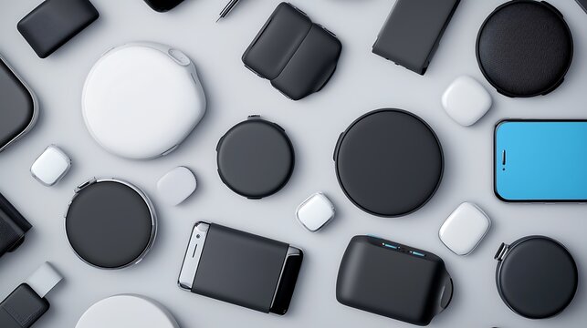 Overhead flat lay of assorted electronics, mostly in black and white, on a neutral background
