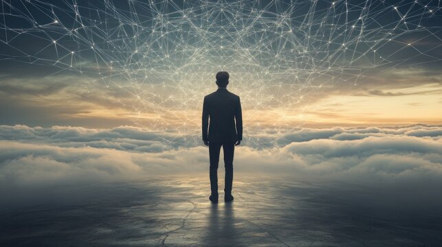 businessman gazing at abstract network above clouds representing connectivity innovation and digital transformation with futuristic sky concept