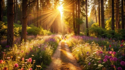Obraz premium Sunlit Forest Path with Wildflowers