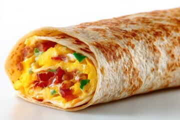 Delicious breakfast burrito filled with scrambled eggs bacon and green peppers on a white surface