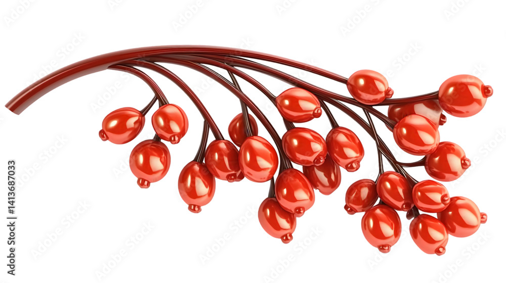 Poster realistic 3d rendering of glossy red berries on branch with transparent background