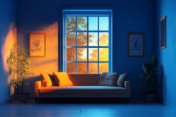 Cozy Minimalist Living Room with Blue Wall and Natural Light Featuring Elegant Sofa, Modern Decor, and Vibrant Plants