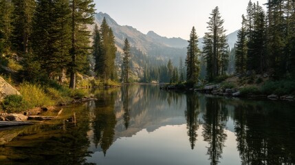 Serene alpine lake reflecting coniferous forest and mountains under ethereal morning light hazy mountain range