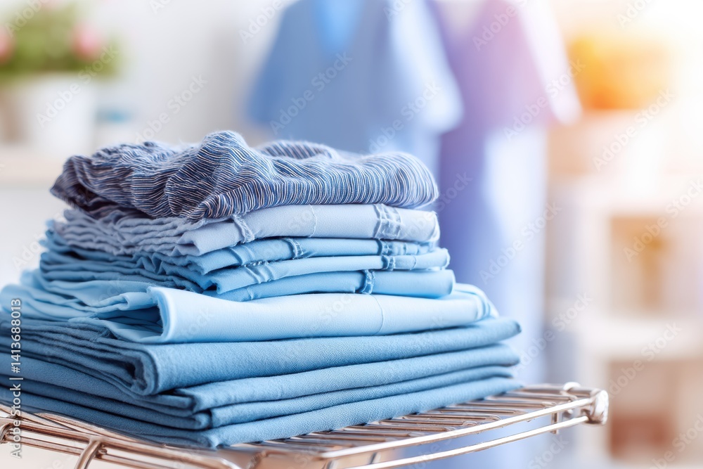 Poster stacked serene blue linens on a chrome rack creating a calming and tidy atmosphere ready for use